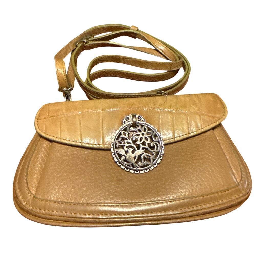 Small Vintage Brighton Bag Tan Leather Crossbody Western Boho Style Bird Charm